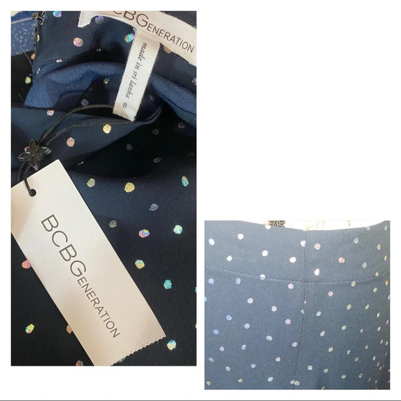 BCBGeneration NWT Navy Polka Dot Asymmetrical Skirt - Picture 5 of 12